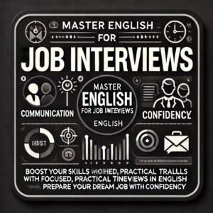 Banner do curso rápido 'Master English for Job Interviews' com foco em comunicação, confiança e habilidades práticas para entrevistas de emprego